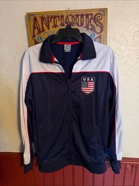 Vintage Olympics Men's USA Navy and White Track Jacket. Small
